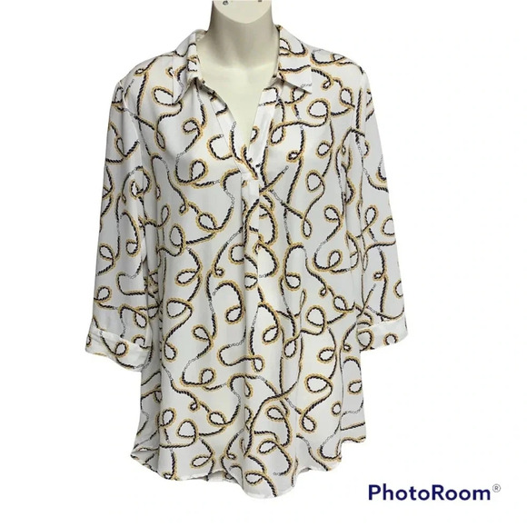 Anne Klein white/blue/brown nautical themed top size M - Picture 1 of 9